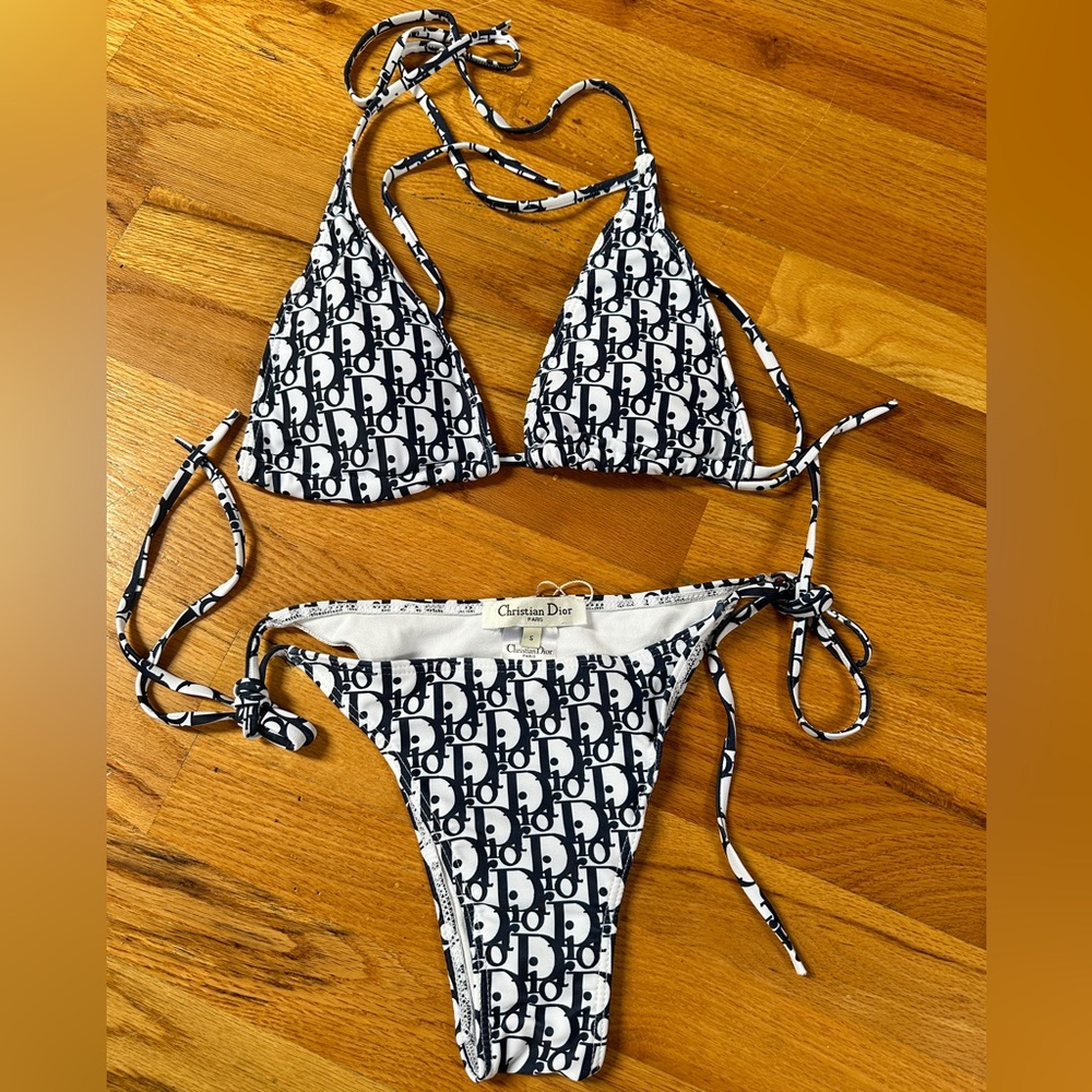 Dior Logo White & Black Logo Tie Triangle Bikini